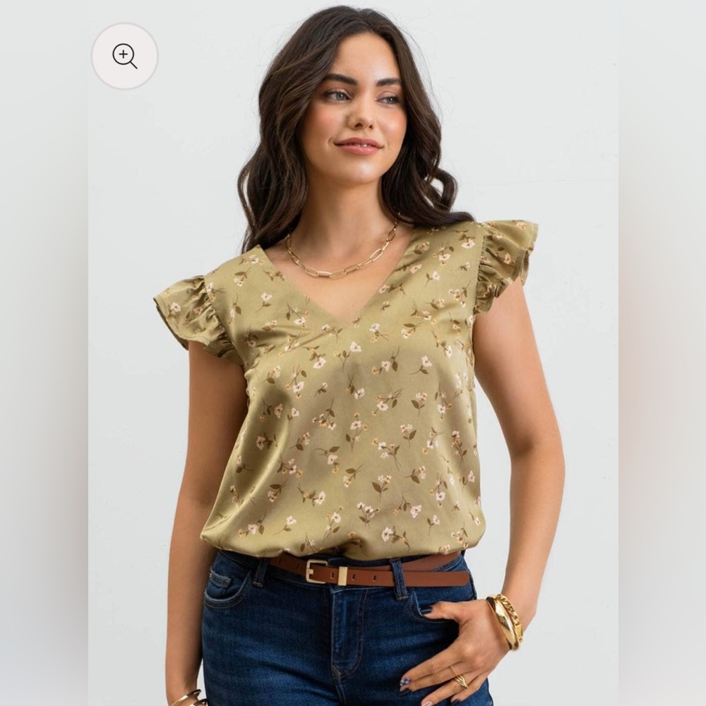 Blu Pepper Olive Green Floral Print Ruffled Cap Sleeve Blouse Large